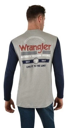 Tee Shirt Wrangler Brando Long Sleeve W22 Grey Marle Navy Mens